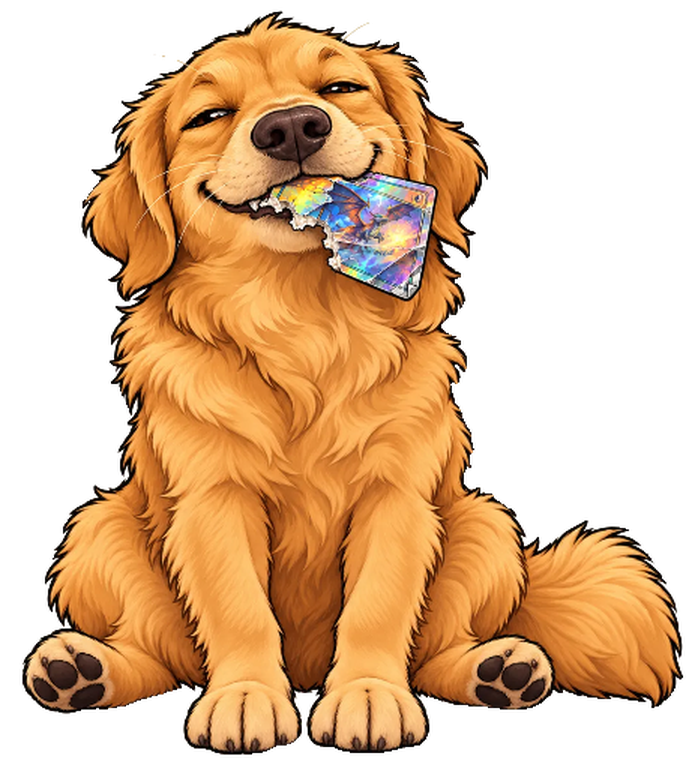 A smug golden retriever sitting upright with a chewed holographic trading card in its mouth