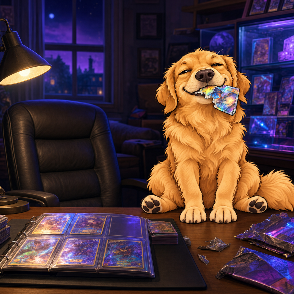 The golden retriever sitting on a collector's desk at night beside an open card binder and torn foil packs, a holographic card in its teeth